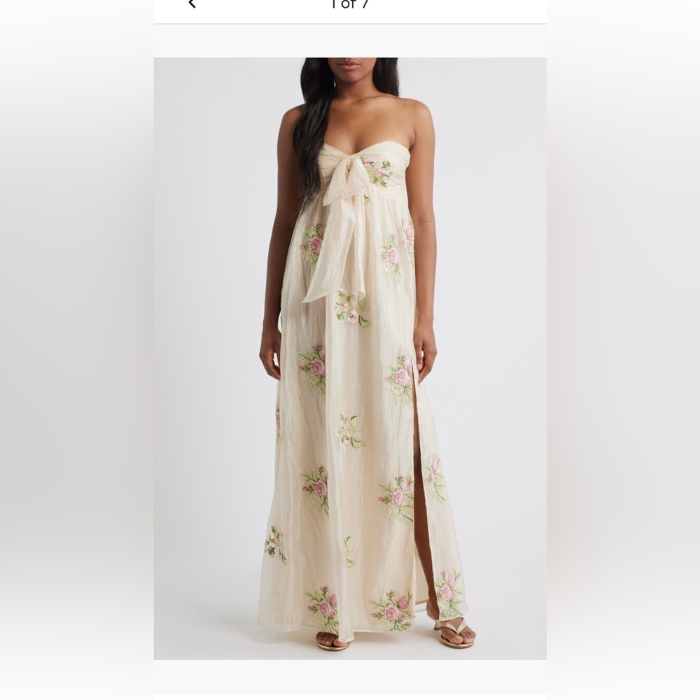 lulus fiona floral embroidery strapless dress